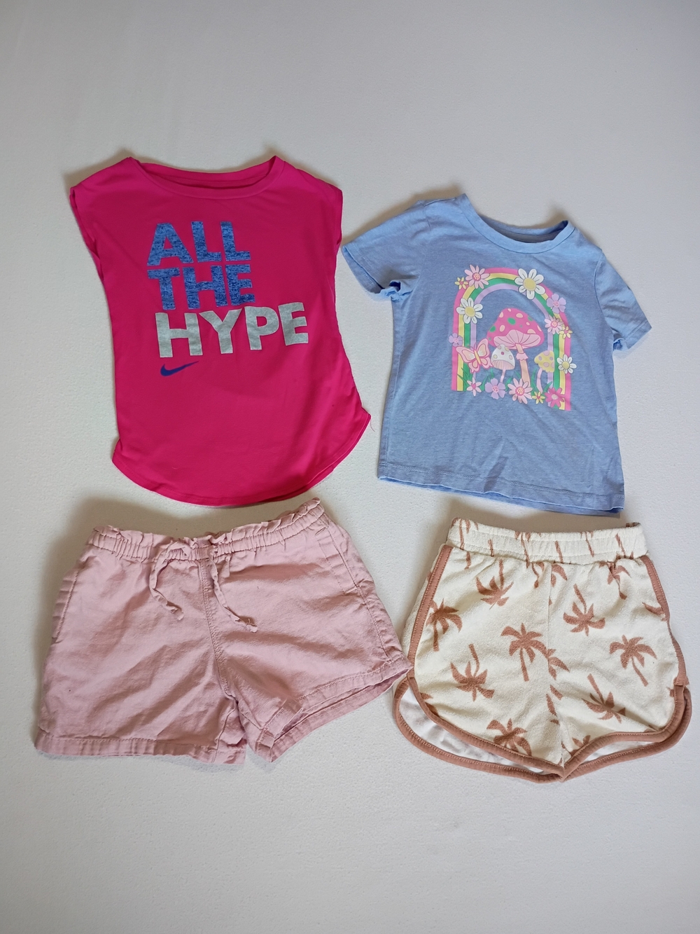 Size 4T Toddler Girls Summer Clothing Lot 4pc Nike Mushroom Palm Tree Pink Tan